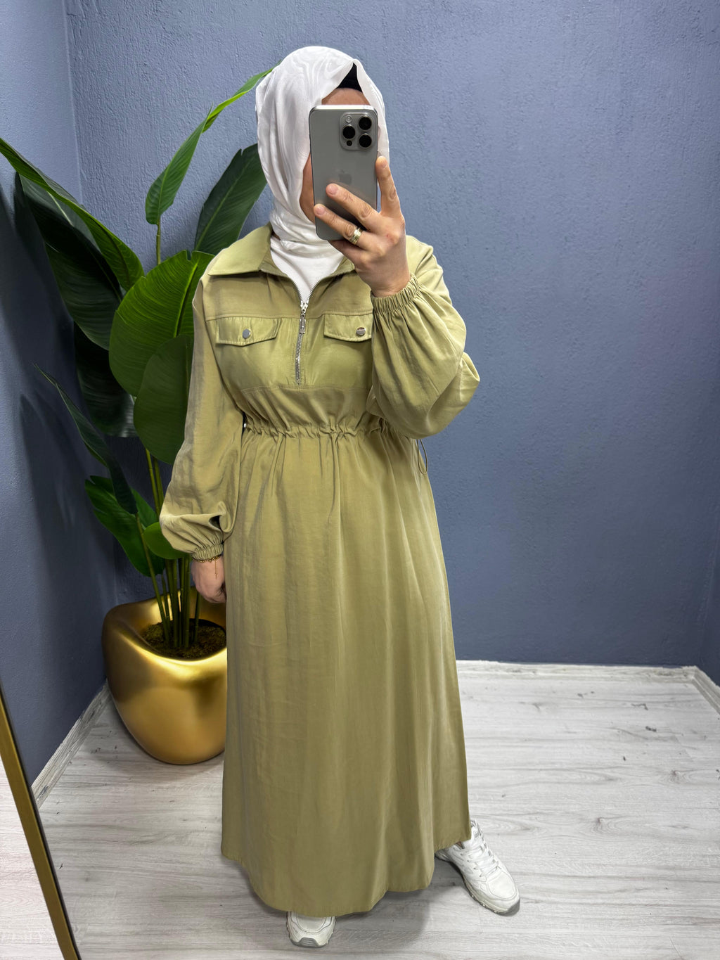 Puane Kadın Gömlek Yaka Fermuarlı Belden Büzgülü Uzun Elbise(12670)