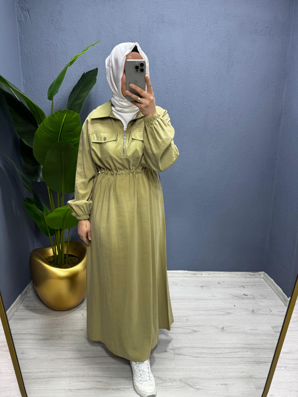 Puane Kadın Gömlek Yaka Fermuarlı Belden Büzgülü Uzun Elbise(12670)