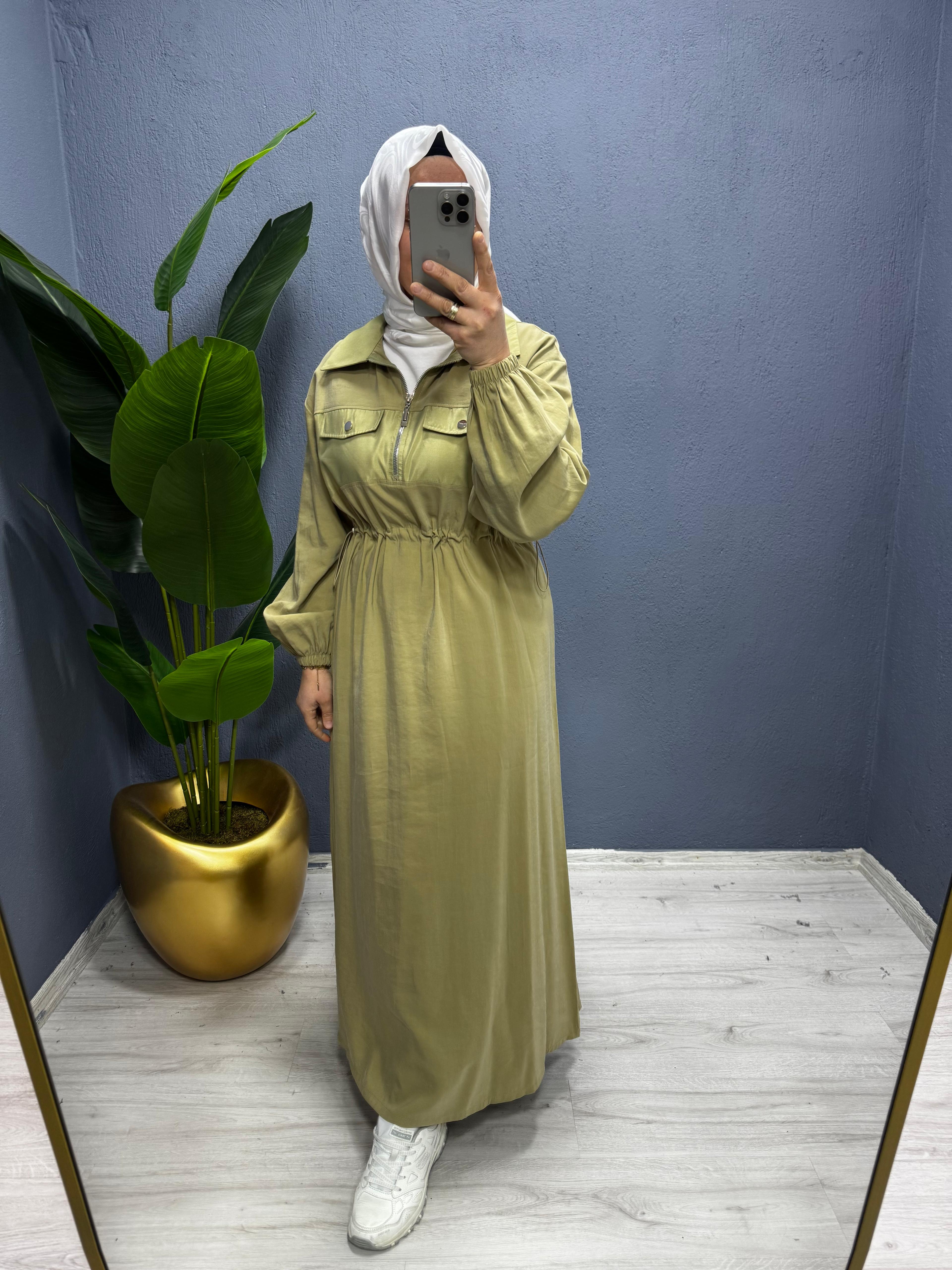 Puane Kadın Gömlek Yaka Fermuarlı Belden Büzgülü Uzun Elbise(12670)